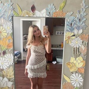 MAJORELLE White and Tan Polka Dot Dress